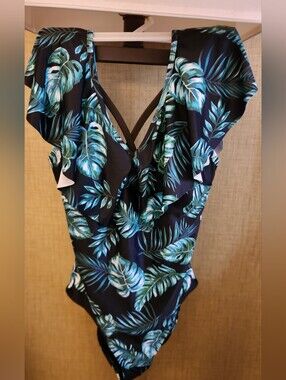 Floral Ruffle Top Bathing Suit Body Swimwear Tropical Leaf Navy One-Piece